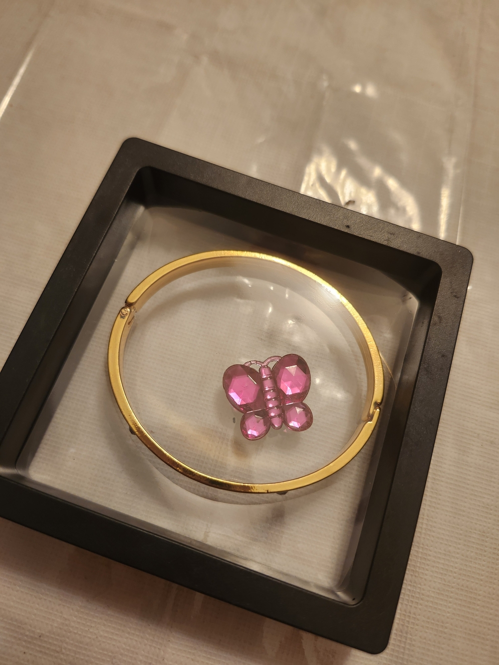 Gold Bangle Bracelet with Pink Butterfly Charm-Stainless Steel